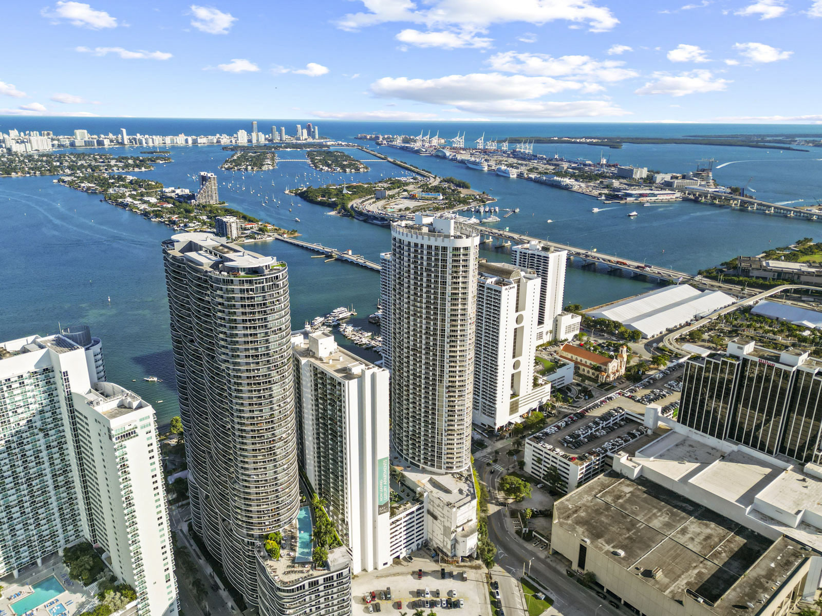 Aerial view of Opera Tower and Biscayne Bay